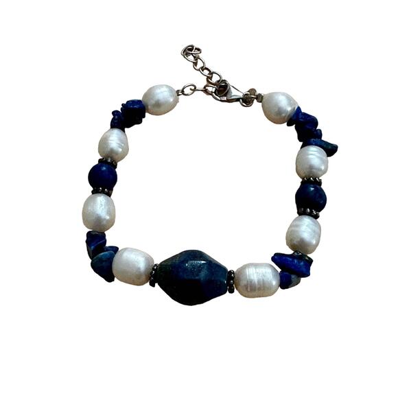 Pearl, Lapis Lazuli and Sterling Silver Tennis Bracelet - Picture 1 of 7